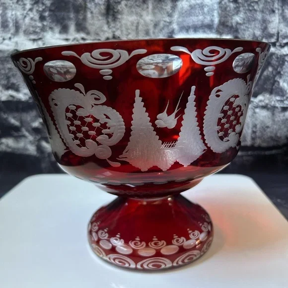 Egermann Czech Republic Bohemian Ruby Red Footed Compote Bowl - Picture 4 of 8